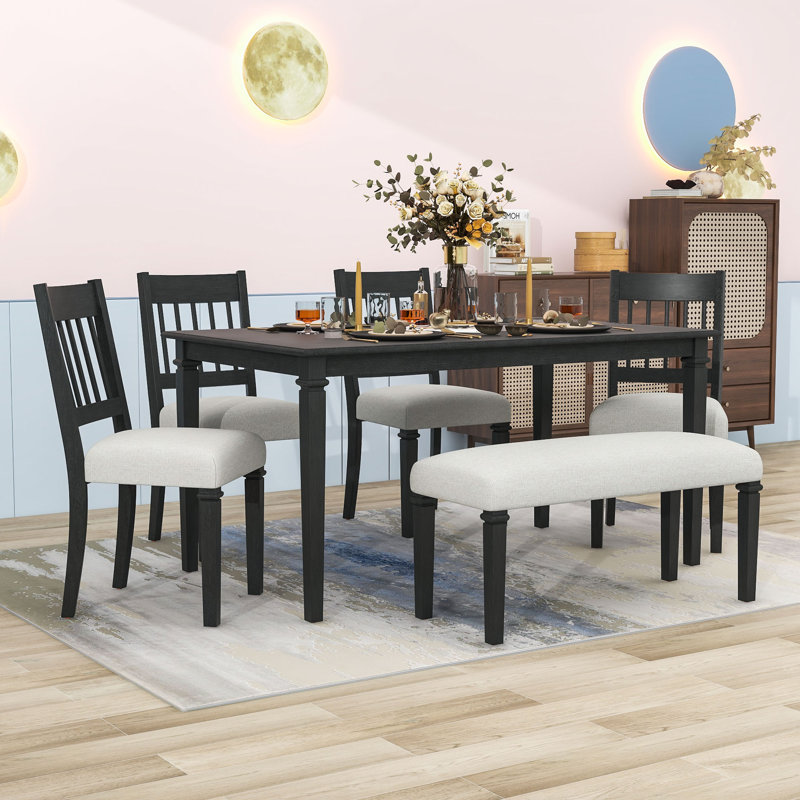6-Piece Dining Table Set with 4 Upholstered Chairs and Bench, Dovetail Gray