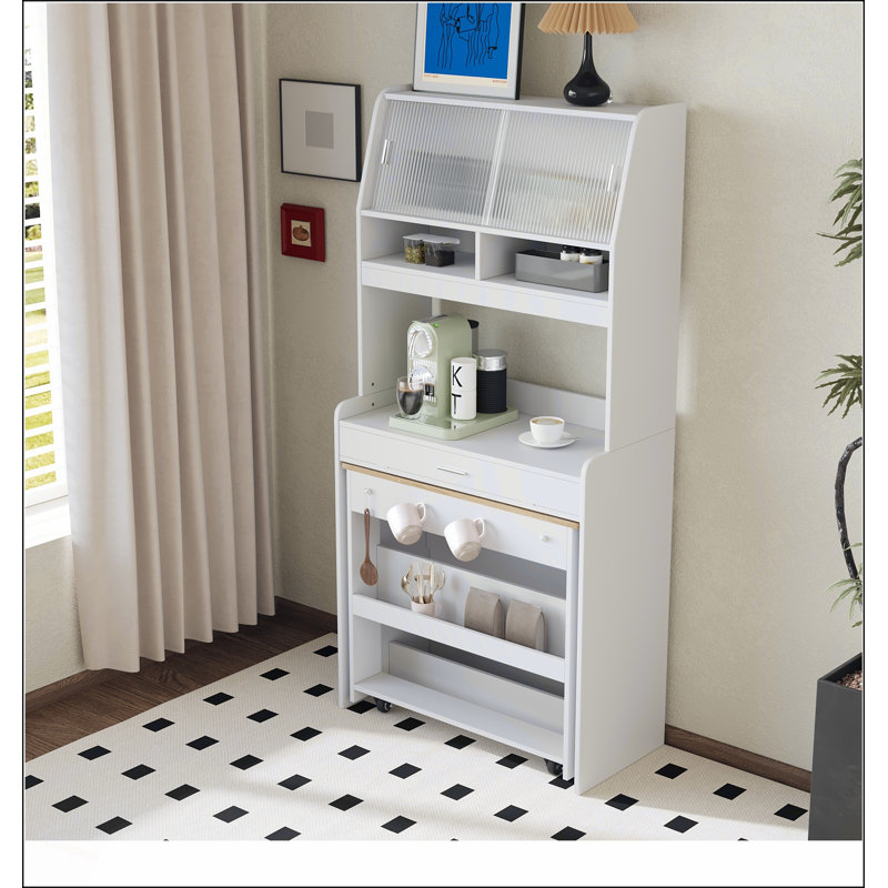 Buffet compact de 33,5 x 15,7 x 69 pouces avec huche et table de salle à manger pliable, armoire multifonctionnelle avec tablette de rangement et crochets latéraux pour petits espaces