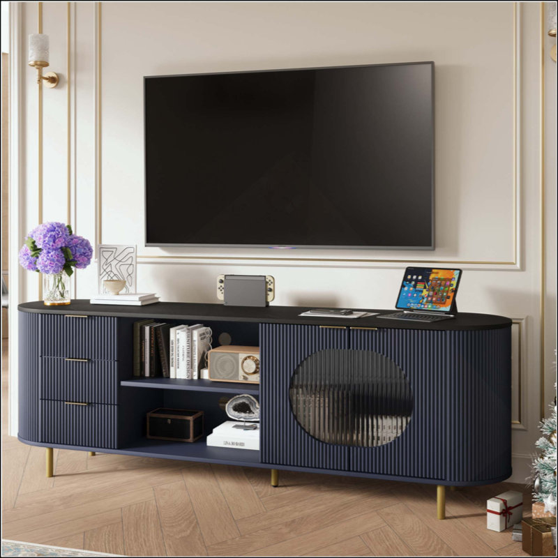 Meuble télé moderne, console multimédia cannelée avec plateau en faux marbre, décorations, Blue
