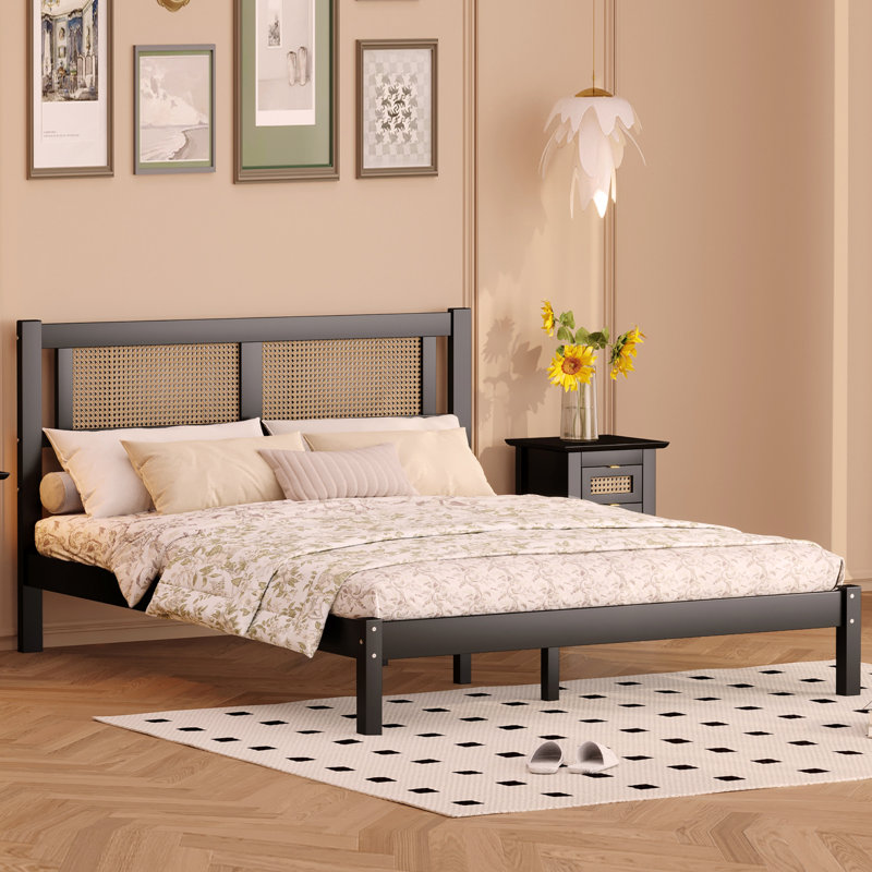 Wooden Platform Bed with Natural Rattan Headboard,Elegance with Minimalist Charm for Bedroom, Black, Full