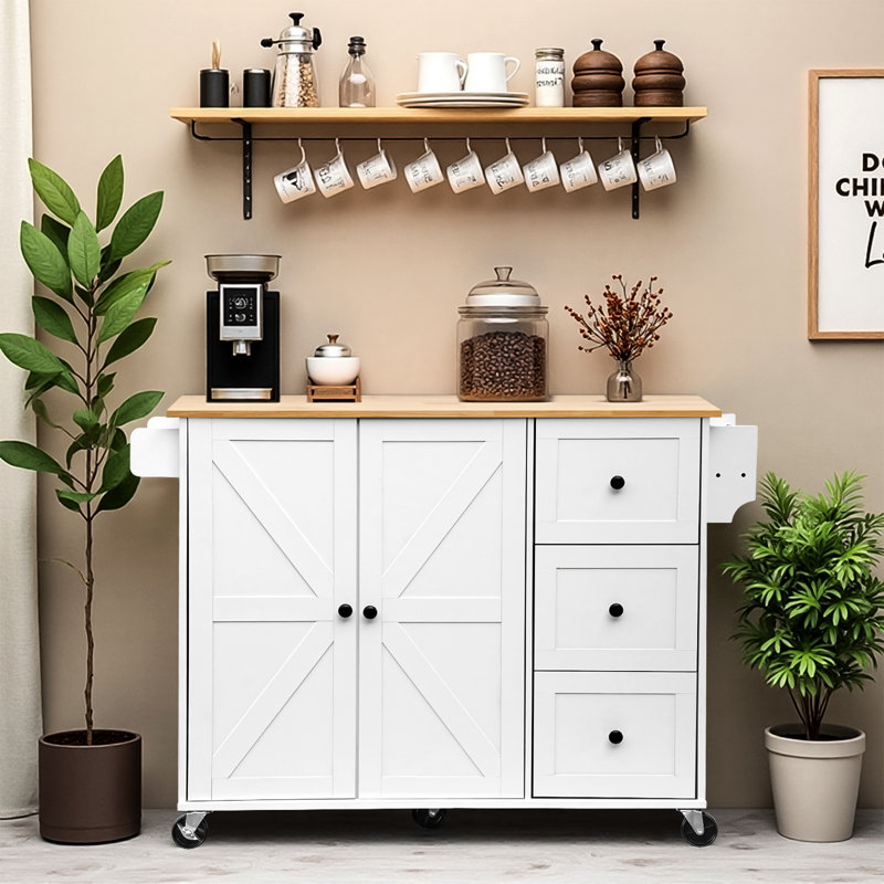 51.2'' Kitchen Island Cart With 2 Adjustable Shelves, 3 Drawers, Spice Rack, Mobile Kitchen Storage Cabinet With Lockable Wheels