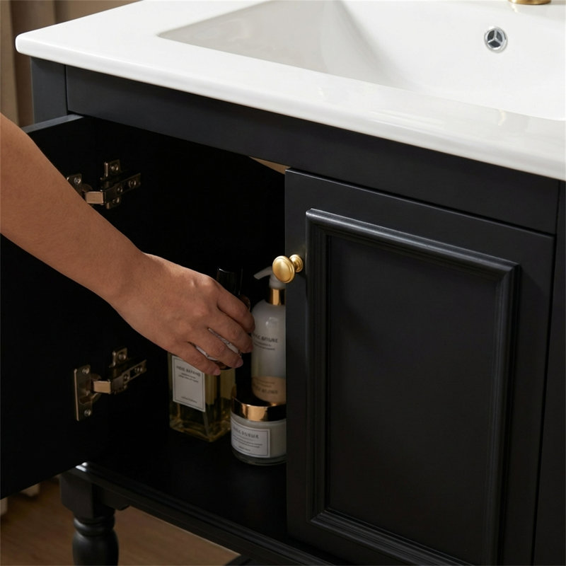 Meuble-lavabo de luxe moderne de 24 po de style palais rétro avec lavabo en céramique, tablette ouverte et rangement fermé, sculptures simplifiées