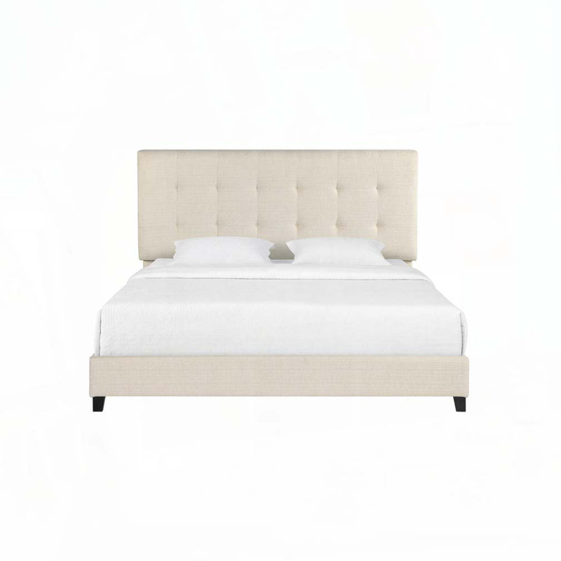 Lit plateforme tapissier touffeté, Beige, Grand lit
