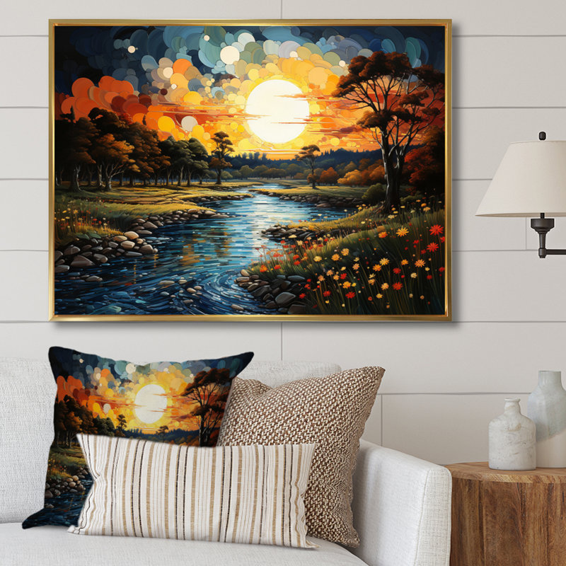 "Countryside River Bend Patchwork II", reproduction d'art sur toile, H 12 po x l 20 po x P 1 po, Cadre flottant doré