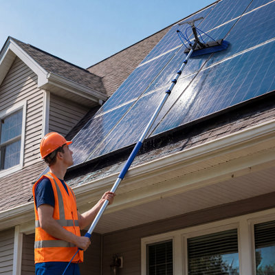 Solar Panel Cleaning Kit, 15 ft, Water Fed Pole Kit with Cleaning Brush, Squeegee, Soap Dispenser, Extendable Aluminum Telescopic Pole, 180° Rotatable Brush Head, for Roof Mounted Solar Panels