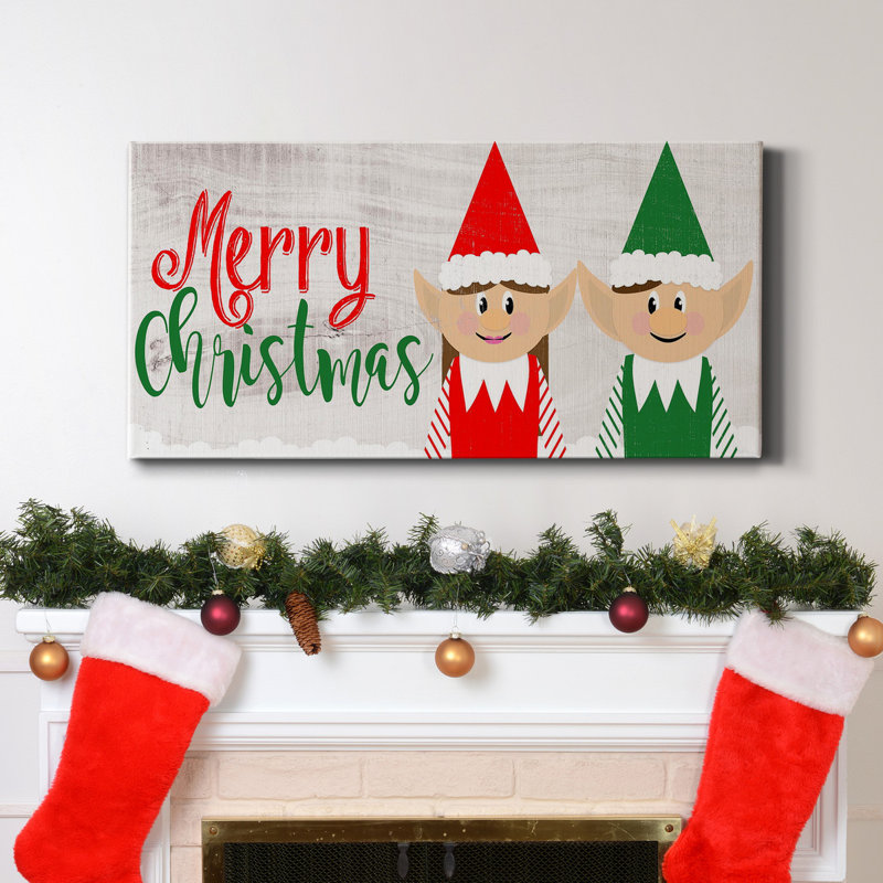Christmas Elf Couple - Toile tendue avec châssis de qualité supérieure, prête à être accrochée, H 24 po x l 12 po x P 1 po