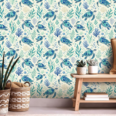 Peel and Stick Wallpaper Contact Paper Seamless Sea Turtles Coral Self Adhesive and Removable 24in x 118in(60x300cm)