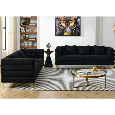 3 pièces en tissu noir, look moderne avec pieds, livraison rapide en entrepôt, 250 lb / siège, 6 coussins combinés à 3 places, Fascination, livraison rapide, rembourrage en mousse, pieds en métal, coussins,