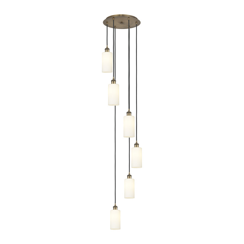 Caius - Luminaire suspendu 6 lumières à cordon, Laiton brossé, Blanc, H 132,88 po x l 15,75 po