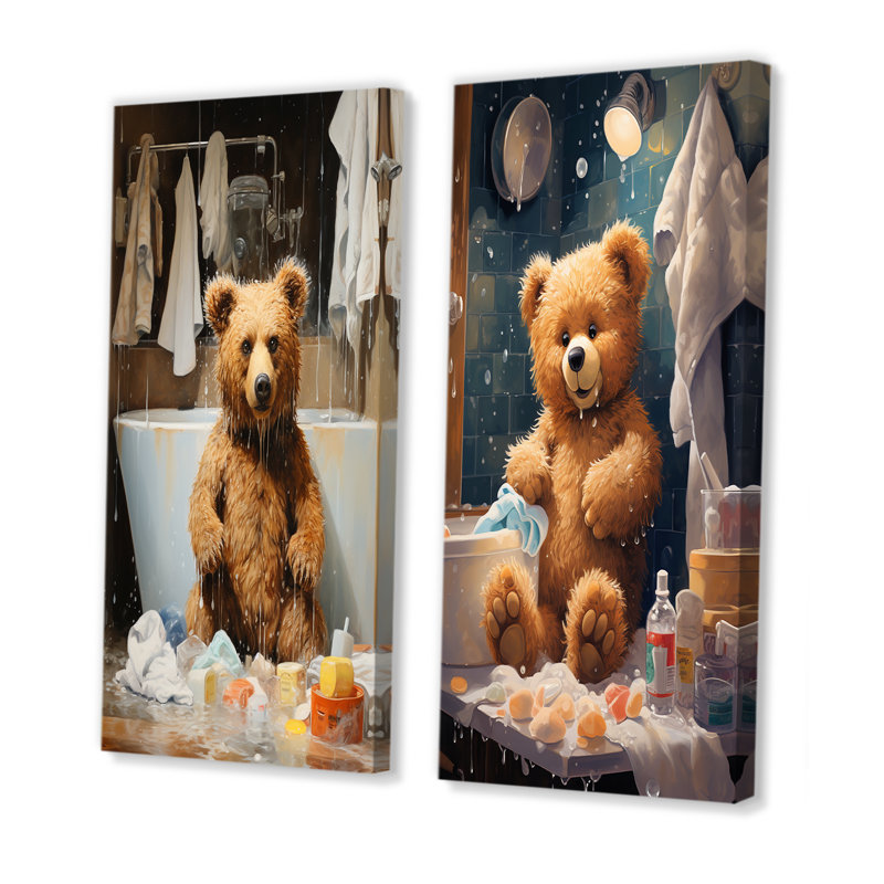 «Bear Bathaign Bubbles II» - ensemble de 2 reproductions d'art sur toile, Toile tendue, H 28 po x l 25 po