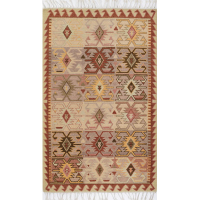 Beige Red Yellow Hand-Knotted Wool Rug
