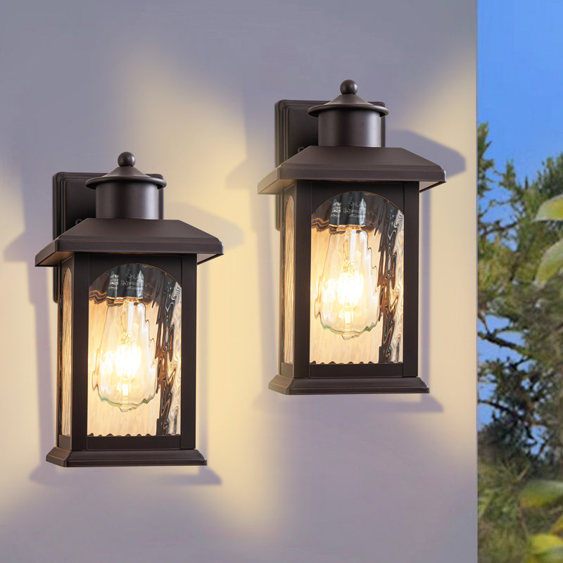 12" H Oil Rubbed Bronze Outdoor Wall Lantern with Water Ripple Glass