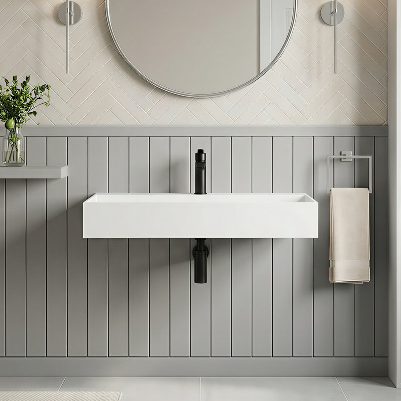 30'' Wall Mounted Bathroom Sink Solid Surface Rectangular Vessel Sink With Faucet Hole, 30" L x 17.99" W x 5.51" D, 1