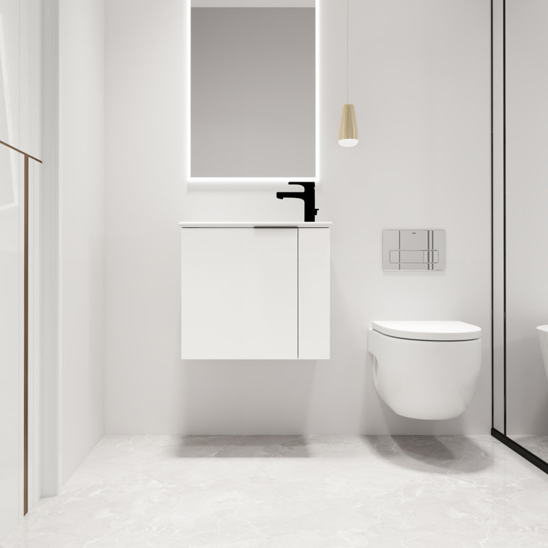 Meuble-lavabo mural simple à une porte 22 po Jamila, comptoir flottant en céramique blanche