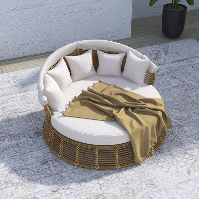 Outdoor Patio Rattan Round Daybed With Retractable Canopy