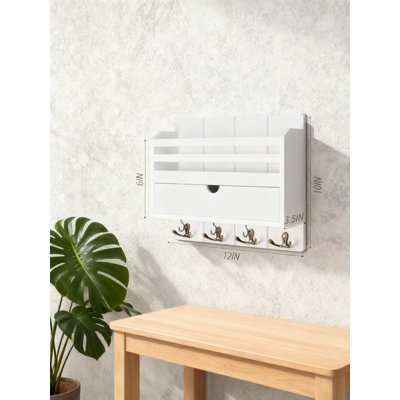 Porte-courrier mural et porte-clés avec tiroir de rangement, organisateur de hall d'entrée en bois avec 7 crochets pour clés, courrier et petits objets, décoration élégante pour la maison et le bureau