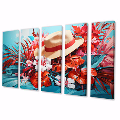 Art mural 5 pièces plantes roses et bleues avec chapeau - Accessoires de mode