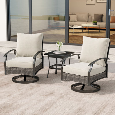 Charron 3 Pieces Set Metal Outdoor Patio Furniture Swivel Chairs Set with Cushions and End table and Wicker Decor by Winston Porter