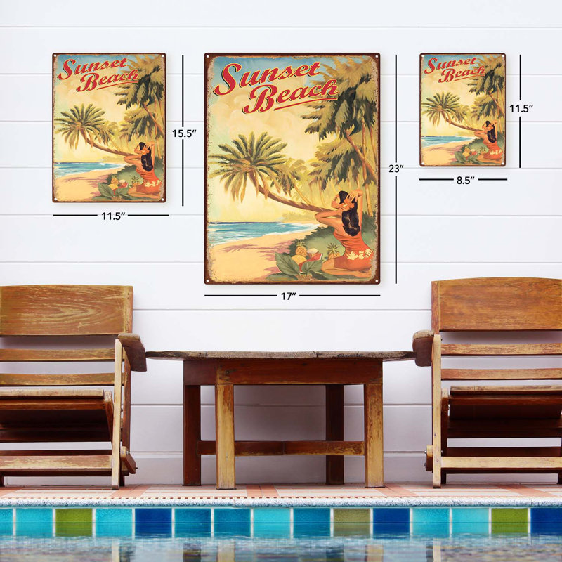 Vintage Sunset Beach sur impression métallique, H 11,5 po x l 8,5 po x P 0,04 po