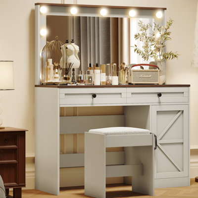 Table de coiffeuse de maquillage 43,4 po, 11 lumières DEL, grand miroir, 3 tiroirs, luminosité réglable, bureau et tabouret