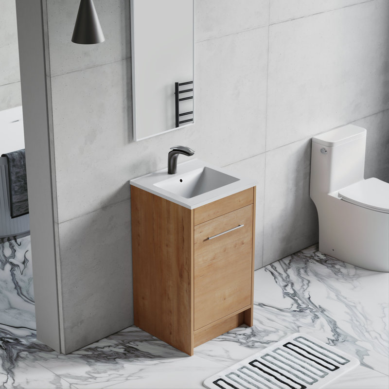 Grove Free Standing Single Bathroom Vanity with White Ceramic Sink, 2 Soft-Close Doors and 1 Adjustable Shelf, Floor Standing Vanity Set in Oak Natural