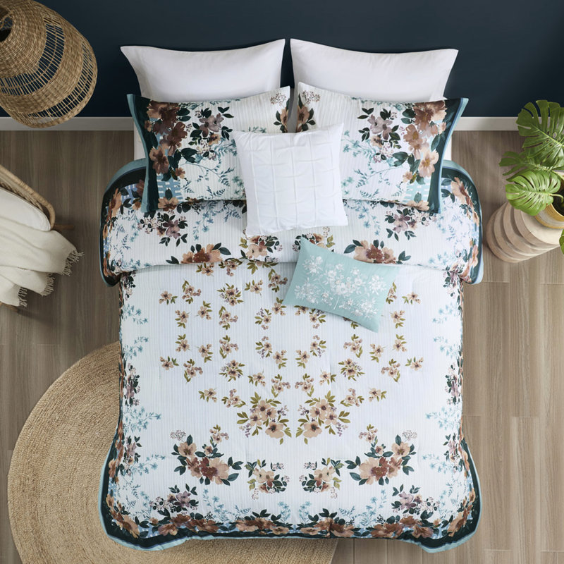 Édredon en coton avec bordures bleu sarcelle et détails de coussins brodés à rayures grises - double / grand