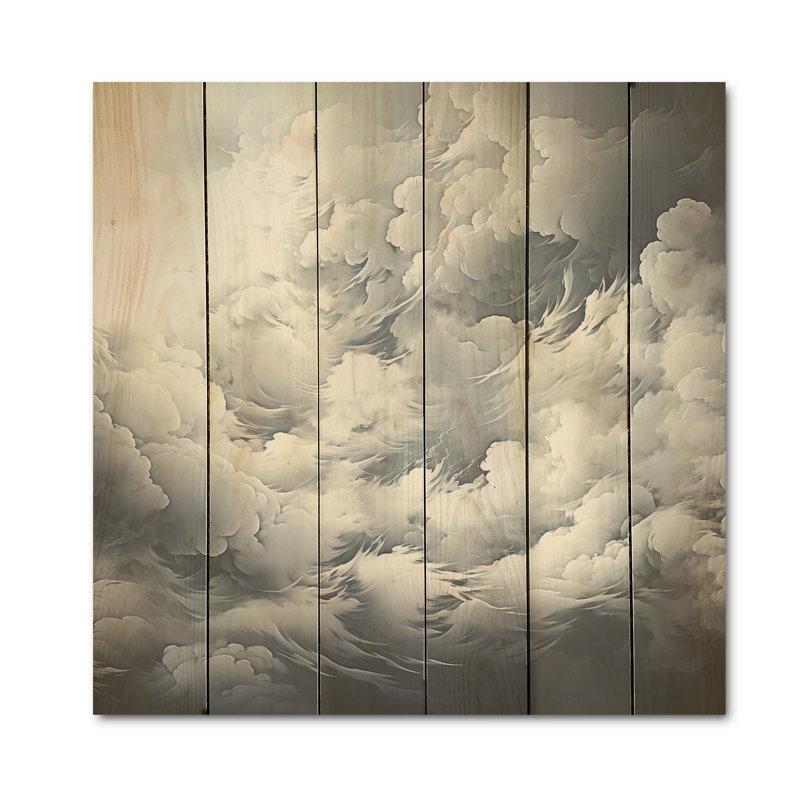 Tempête de nuages noir et blanc - nuages, art mural sur bois de pin naturel, H 30 po x l 30 po