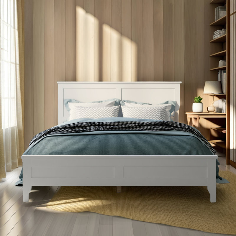 ??Minimalist White Platform Bed - Solid Pine Wood Frame with Clean-Line Headboard, Full