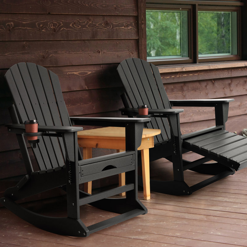 Plastic/Resin Folding and Rocking Adirondack Chair with Ottoman, Black