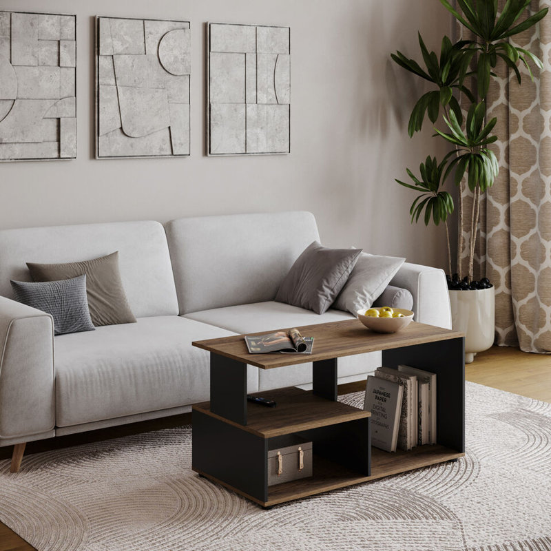 Aylinne Solid Wood Coffee Table with Storage, Black, Dark Oak