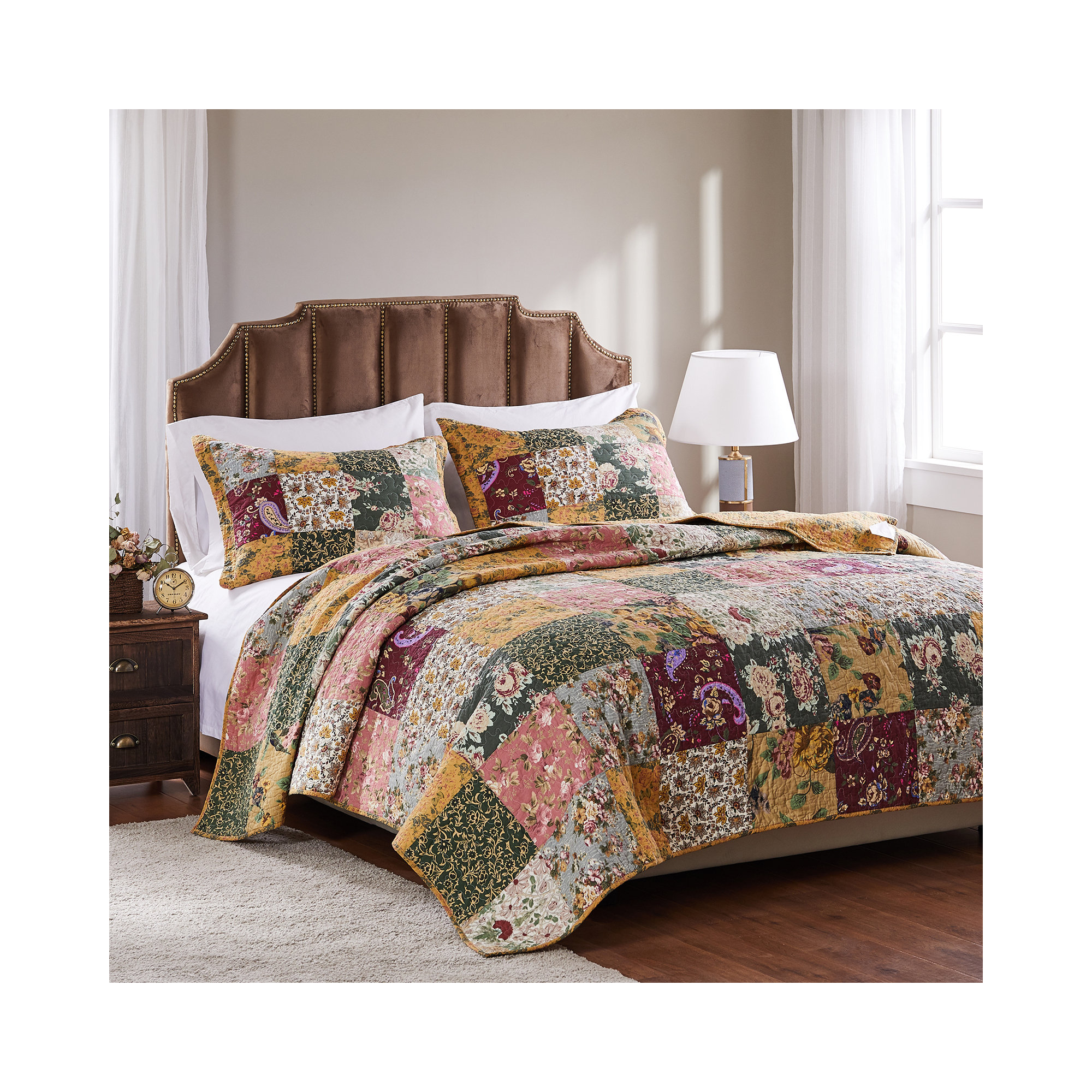 Antique Chic 100% Cotton Patchwork Reversible Quilt Set, King Quilt + 2 Shams