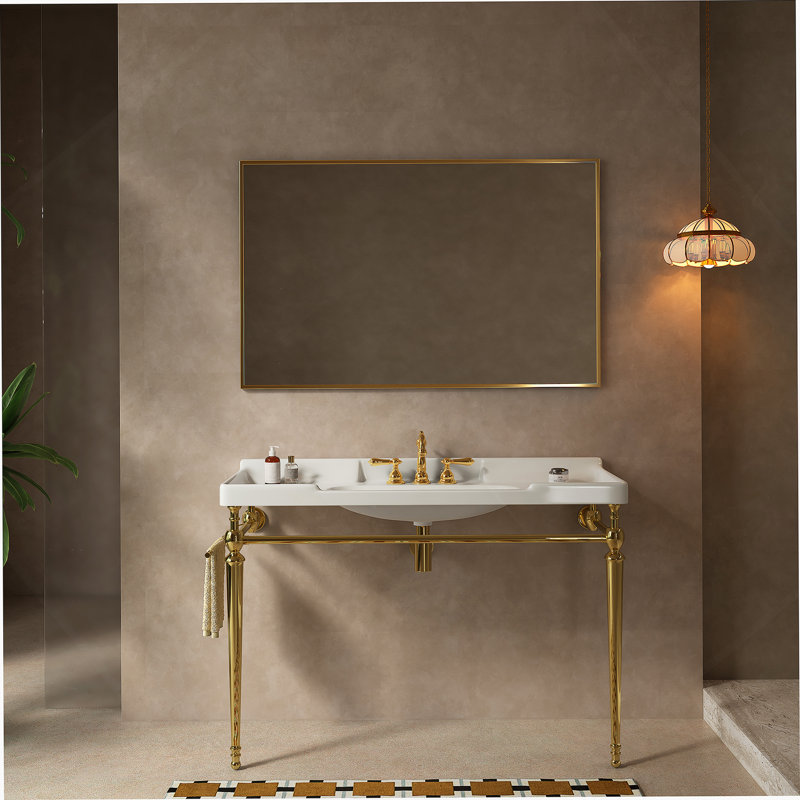 Bathroom Console Sink, Wall-Mounted Ceramic Vanity Basin With 3 Pre-Drilled Faucet Holes, Freestanding Stainless Steel Support Legs With Towel Bar