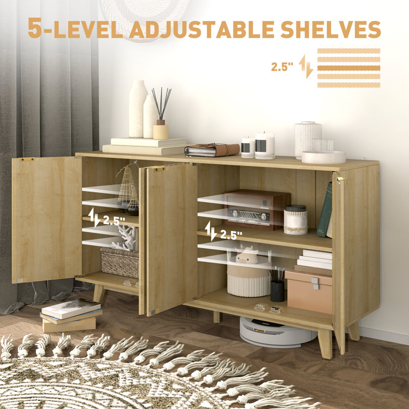 Fluted Sideboard Buffet Cabinet, 55" Modern Accent Console Cabinet with 4 Doors, 2 Adjustable Shelves and 5 Wood Legs\
