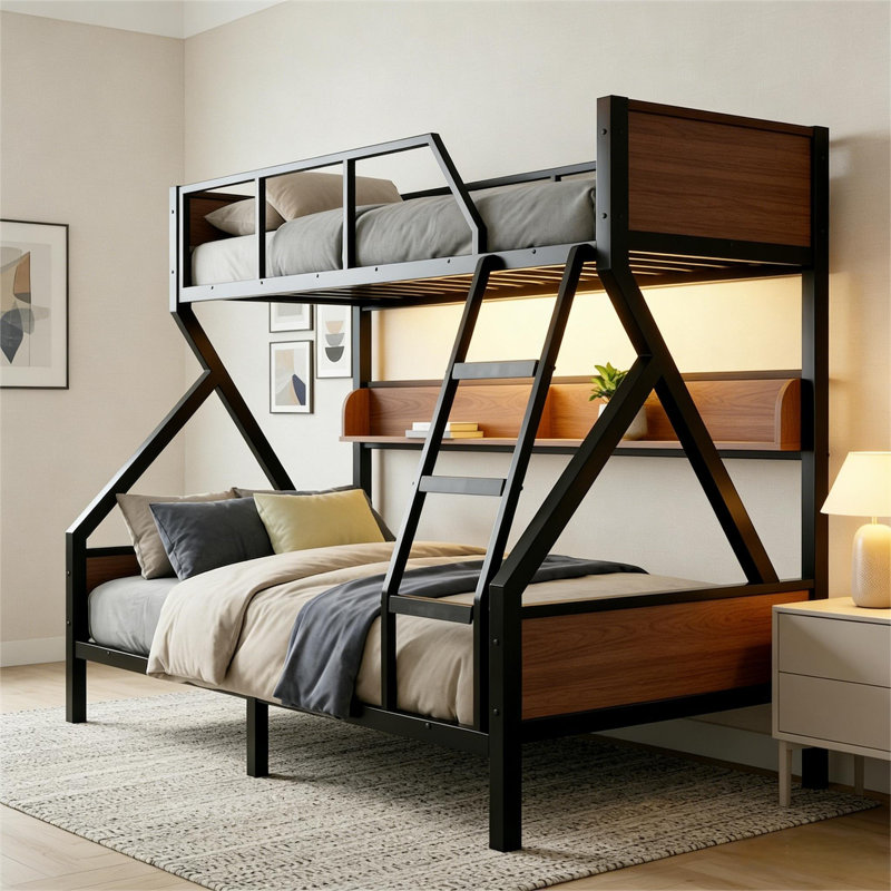 Lit superposé simple au-dessus de grand lit simple avec tablettes de rangement et lumières, lit superposé en métal pour adultes et adolescents, silencieux, cadre peu encombrant, sans sommier, noir