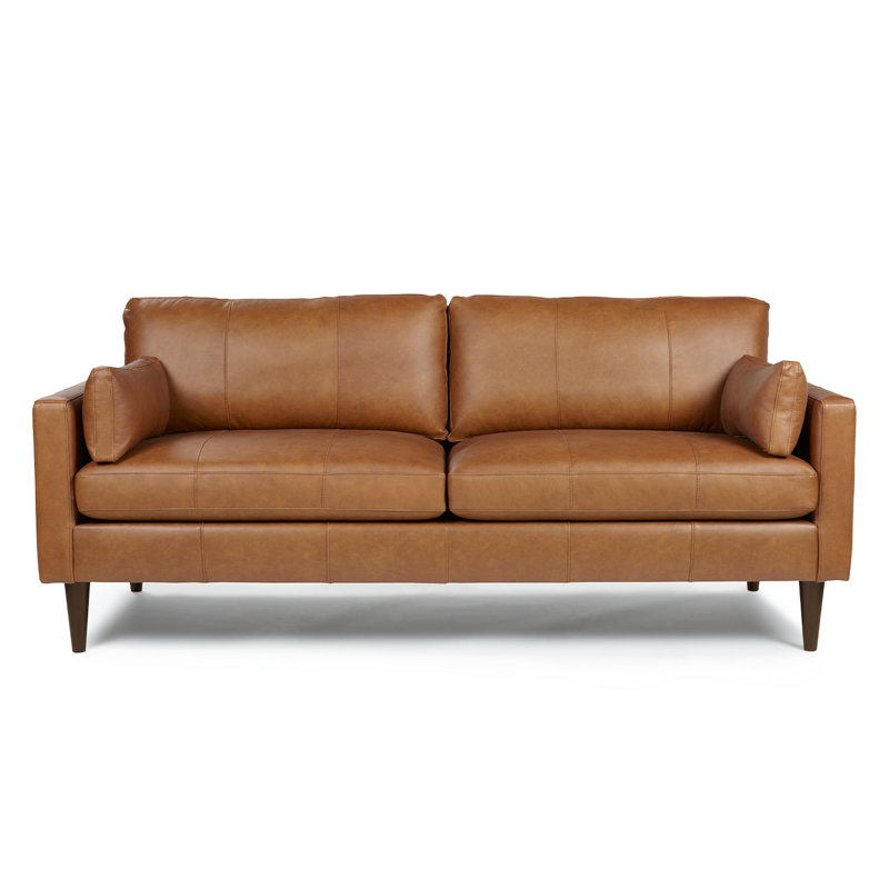 Canapé en cuir 81 po Viveros, Cuir véritable brun, Noyer foncé
