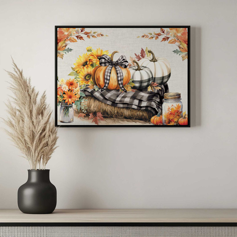 «Fall Plaid Pumpkins on Haystack» par Nicole DeCamp, reproduction d'art, Toile avec cadre, Brun, L 24 po x H 18 po
