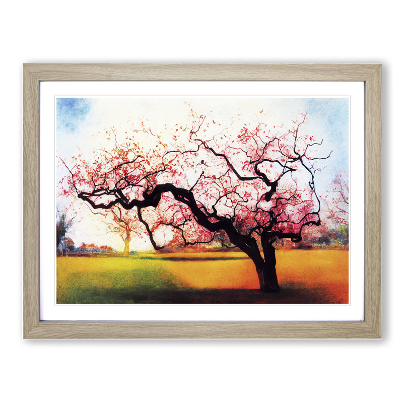 Idyllic Plum Blossom Tree - Single Picture Frame Painting, 46cm H x 64cm W x 2cm D, Oak