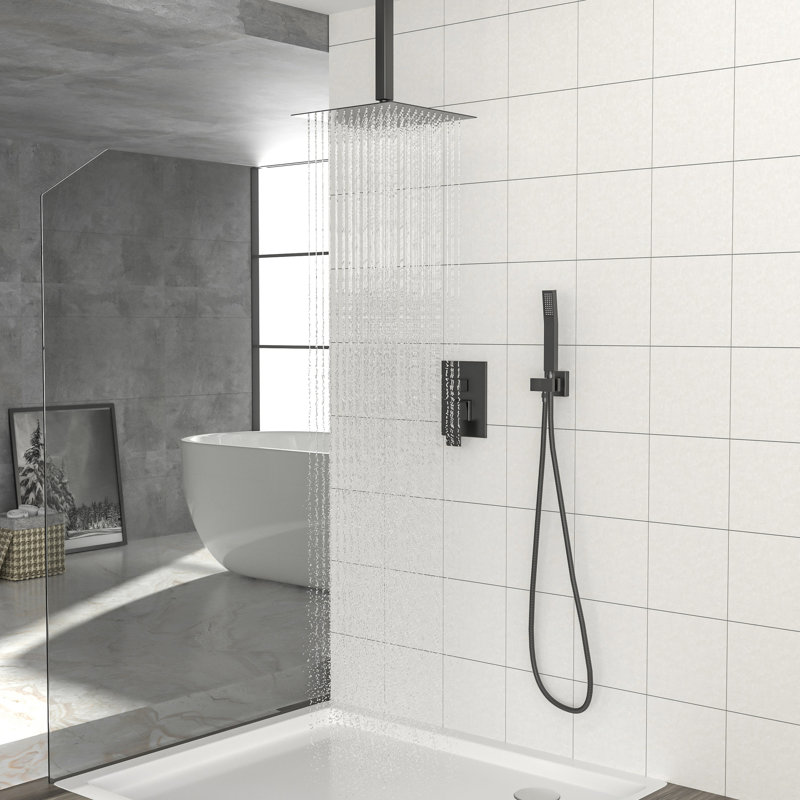 Ceiling Mounted Gold Shower System - 10 Inch Dual Head With -Balanced Valve, Rainfall & Handheld, Easy Install Clean 10" Mount And