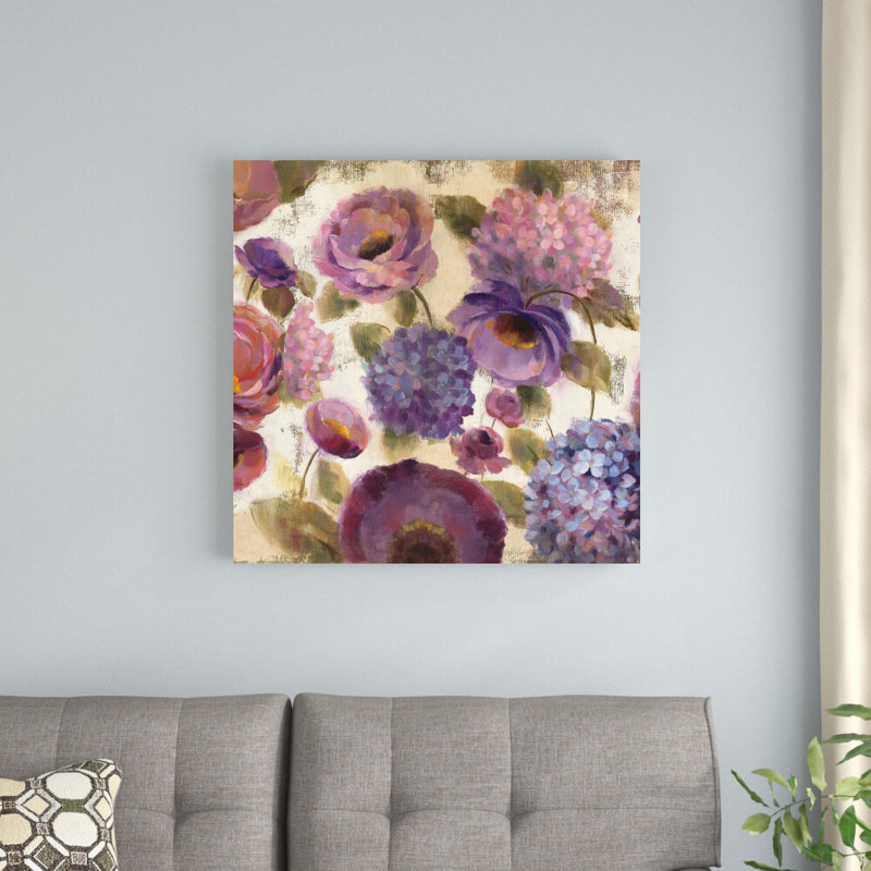 «Blue and Purple Flower Song III» par Silvia Vassileva, reproduction d'art sur toile tendue, H 30 po x l 30 po