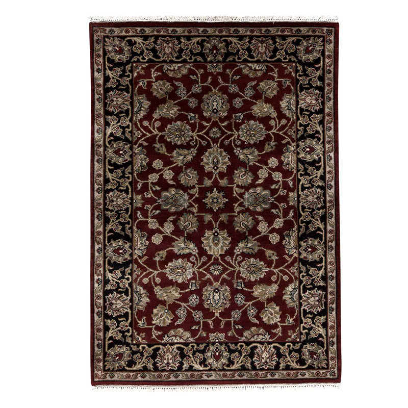 Tapis rouge / noir en laine noué à la main de conception unique 4 pi 1 po x 6 pi