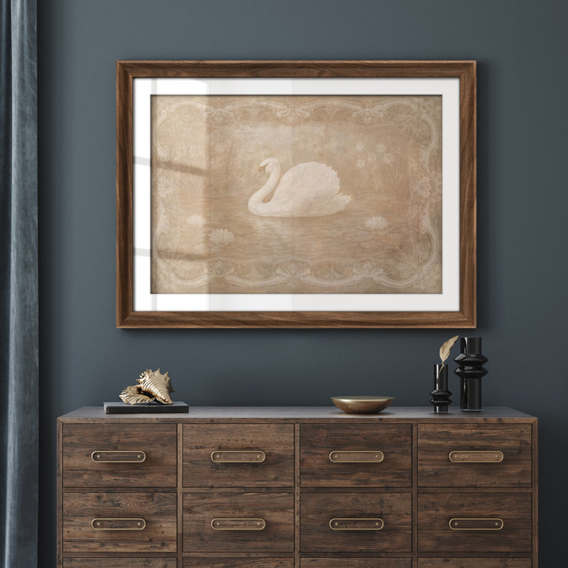 Art mural encadré 26,5 x 36 po Elegant Vintage Swan Lake, Impression encadrée avec passe-partout
