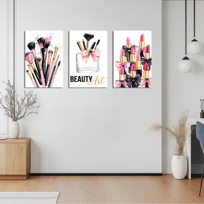 Beauty Art Makeup Brushes Lipstick And Palette Canvas Wrapped Wall Art Oil Painting Print Set Of 3 For Bedroom Bathroom Or Salon Decor