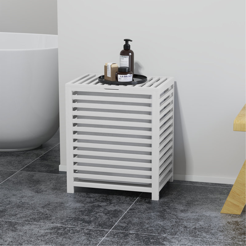 Bamboo Laundry Hamper With Lid, Laundry Basket With Removable Liner Bag, Dirty Clothes Hamper, 19.75 X 14.25 X 23.5 Inches, White