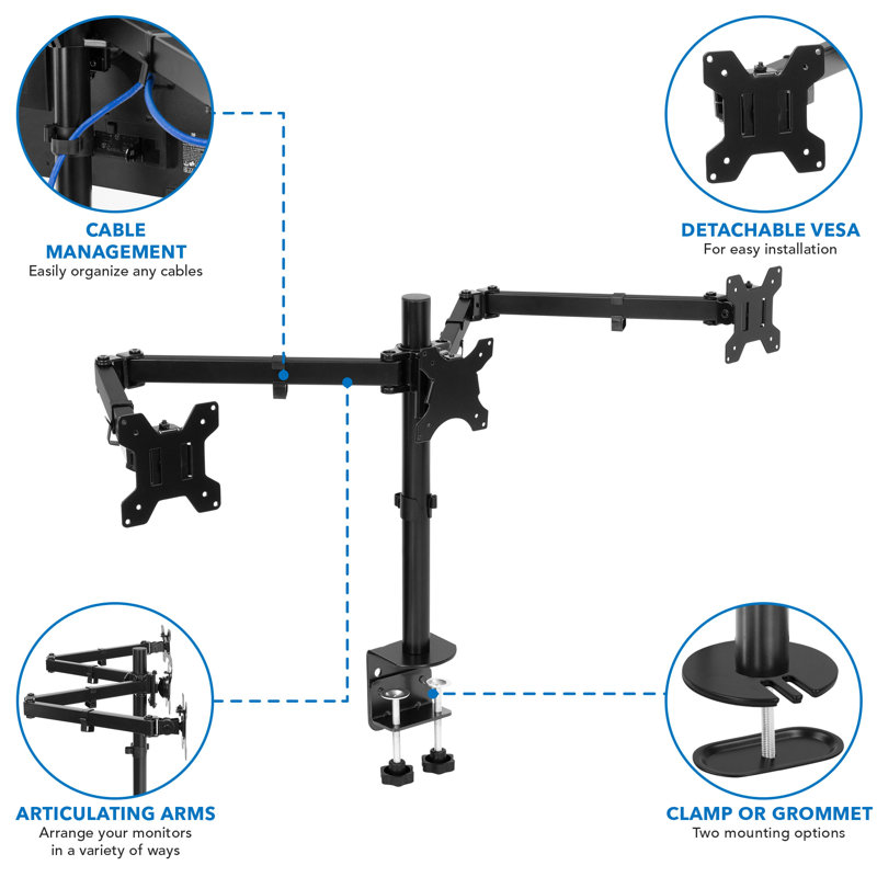 Black Heavy Duty Steel Full Motion Triple Monitor Desk Mount