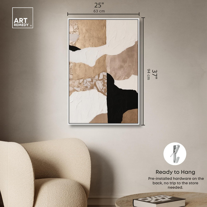 «Rocks in Gold», art mural moderne neutre par Art Remedy, Cadre blanc, H 46 po x l 31 po