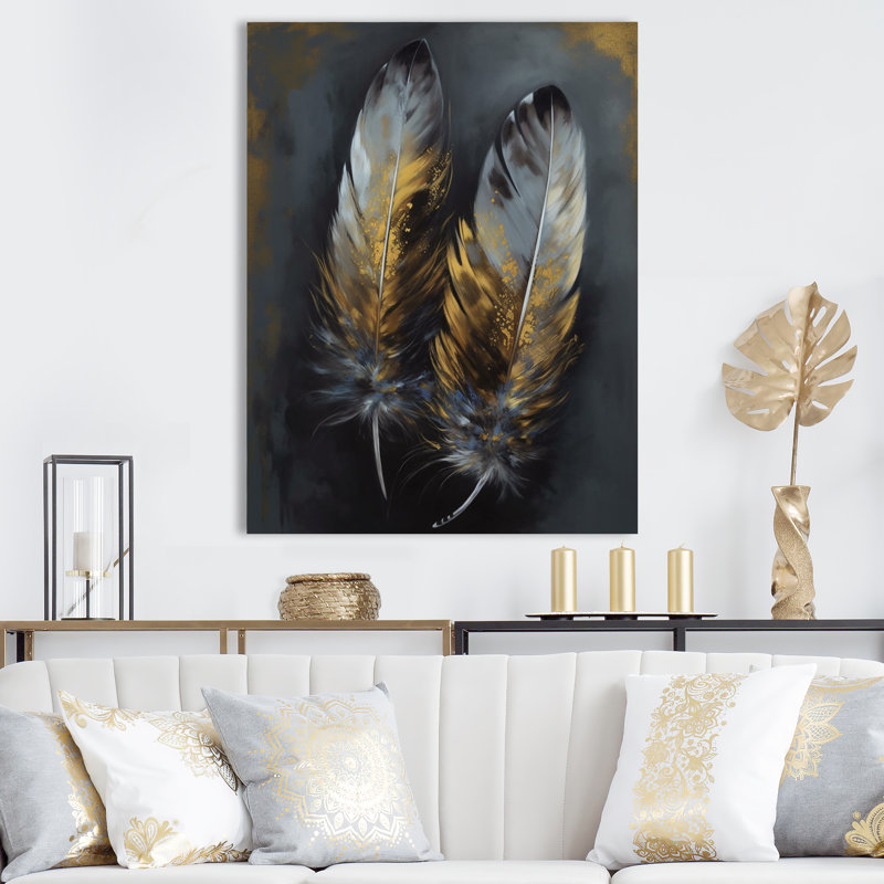 «Roumena Gold Boho Chic Feathers I», reproduction sur toile, H 40 po x l 30 po x P 1,5 po, Toile tendue
