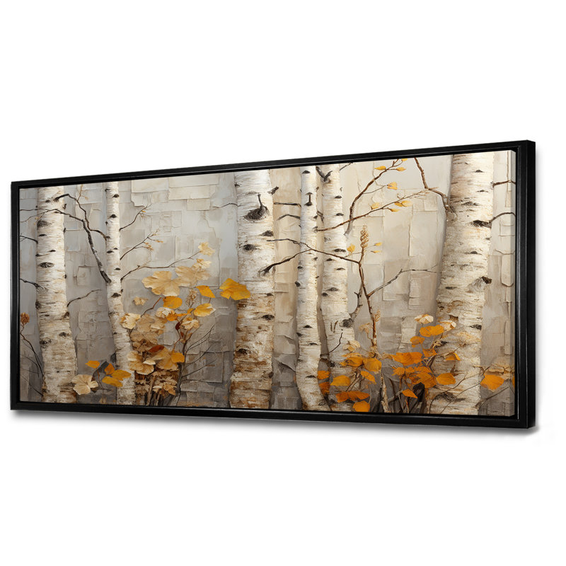 Élégance de bouleau d'automne - art mural grand arbre, Cadre flottant noir, H 28 po x l 60 po x P 1,5 po