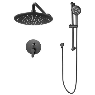 Ensemble de robinetterie de douche, système de douche effet pluie avec pommeau de douche rond de 23 cm et douchette à main, accessoires de salle de bain muraux avec robinetterie et garniture en laiton, noir mat