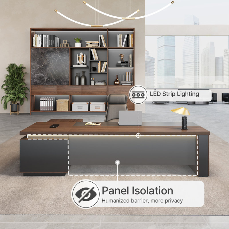 Bureau de luxe en L avec serrure numérique et gestion des câbles Luxe, Brun / Noir, H 29,53 po x l 94,49 po x P 70,87 po