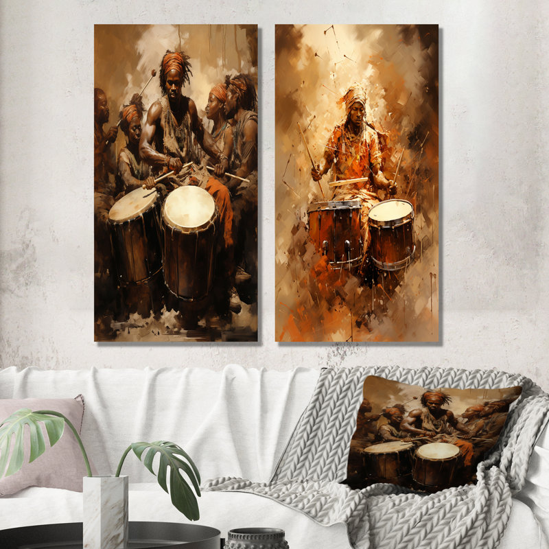 Drame traditionnel africain traditionnel - ensemble de 2 décorations murales musicales, H 28 po x l 25 po, Toile tendue
